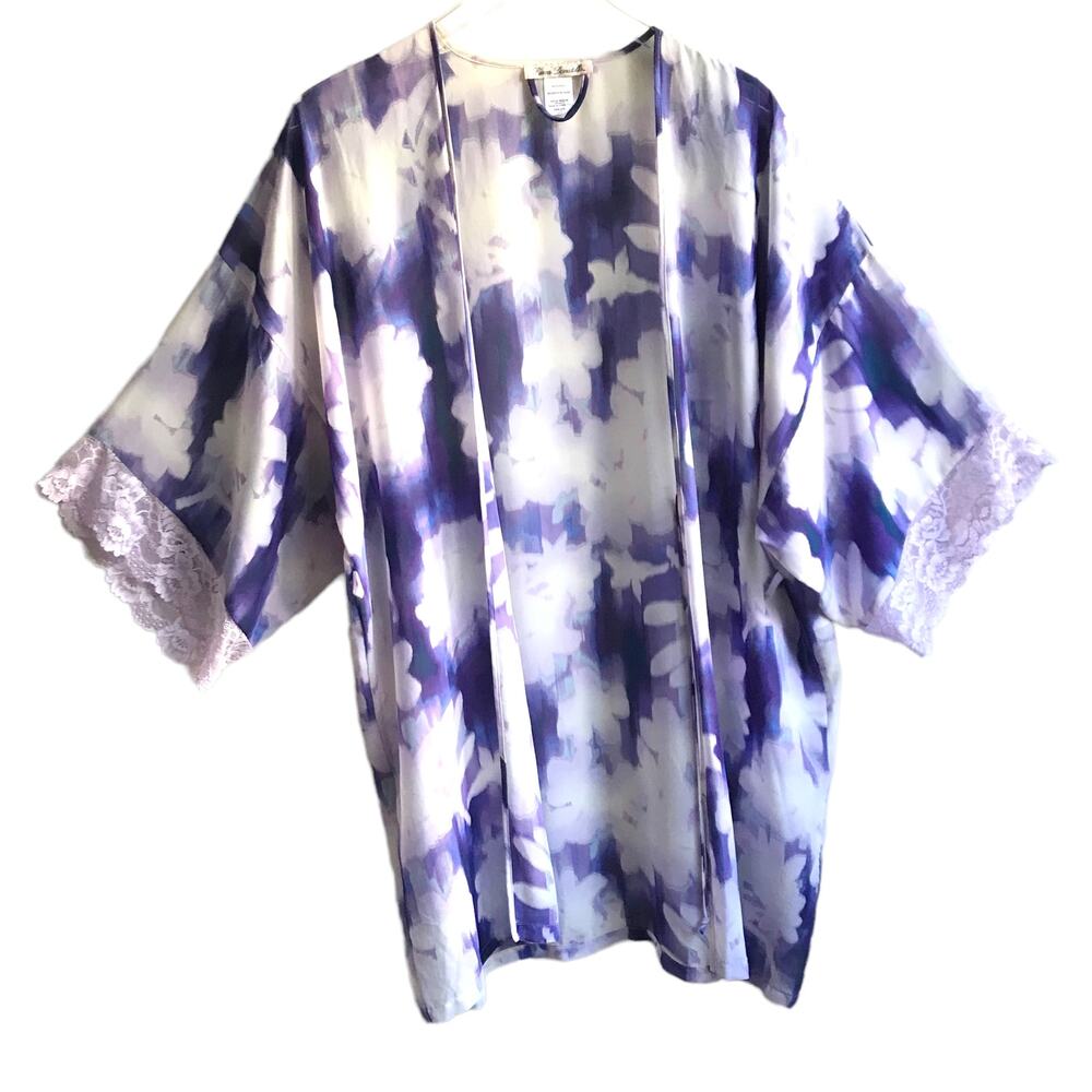 Linea Donatella Purple Floral Robe Size L XL Open Kimono Dressing Gown Lace - Picture 15 of 15